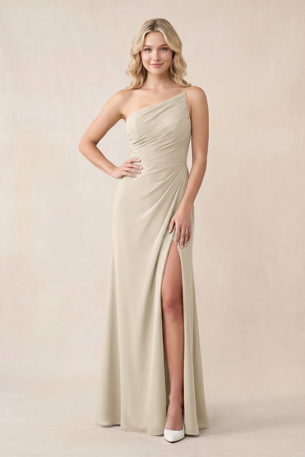 One - Shoulder Sheath Chiffon Ruched Bridesmaid Dress in Champagne - KISS BRIDAL Bridesmaid Dresses