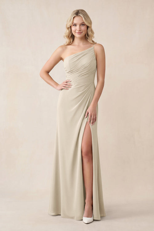 One - Shoulder Sheath Chiffon Ruched Bridesmaid Dress in Champagne - SHE IS ME Bridesmaid Dresses