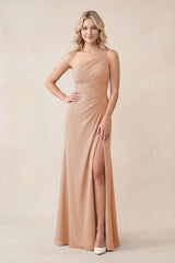 One - Shoulder Sheath Chiffon Ruched Bridesmaid Dress in Champagne Rose - KISS BRIDAL Bridesmaid Dresses