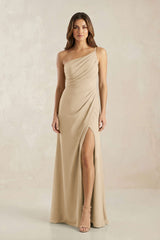 One-Shoulder Sheath Chiffon Ruched Bridesmaid Dress in Champagne | KISSBRIDAL