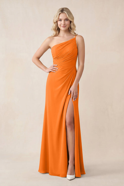 One - Shoulder Sheath Chiffon Ruched Bridesmaid Dress in Cinnamon - SHE IS ME Bridesmaid Dresses