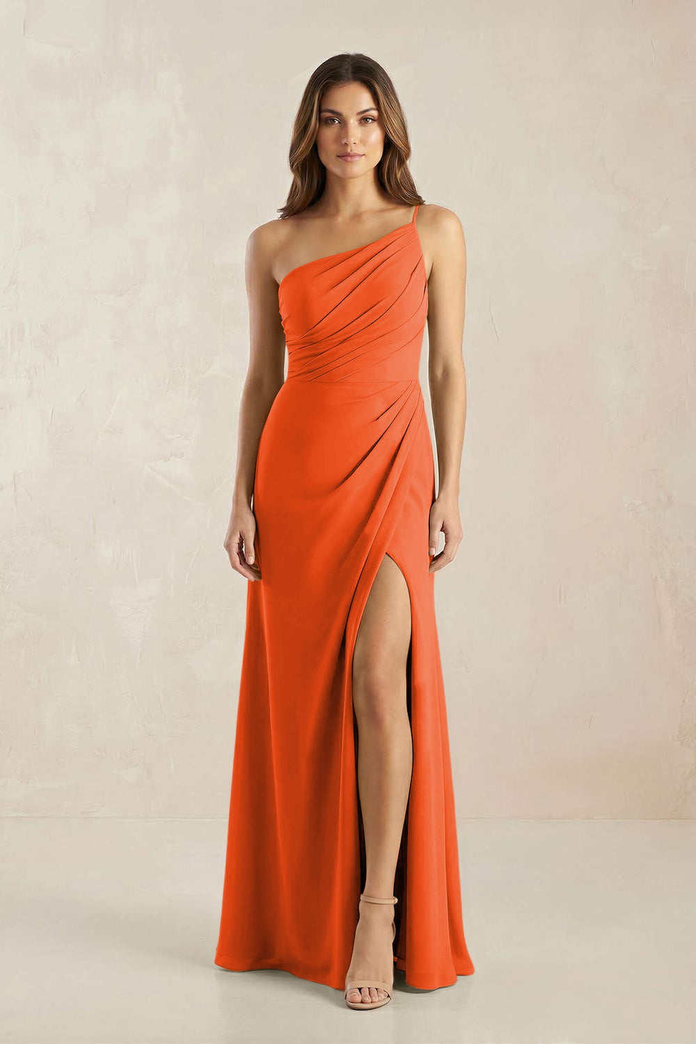 One-Shoulder Sheath Chiffon Ruched Bridesmaid Dress in Cinnamon