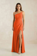 One-Shoulder Sheath Chiffon Ruched Bridesmaid Dress in Cinnamon | KISSBRIDAL