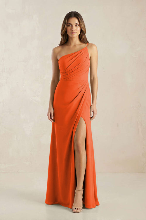 One-Shoulder Sheath Chiffon Ruched Bridesmaid Dress in Cinnamon | KISSBRIDAL