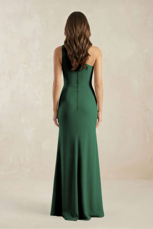 One-Shoulder Sheath Chiffon Ruched Bridesmaid Dress in Dark Green (2) | KISSBRIDAL