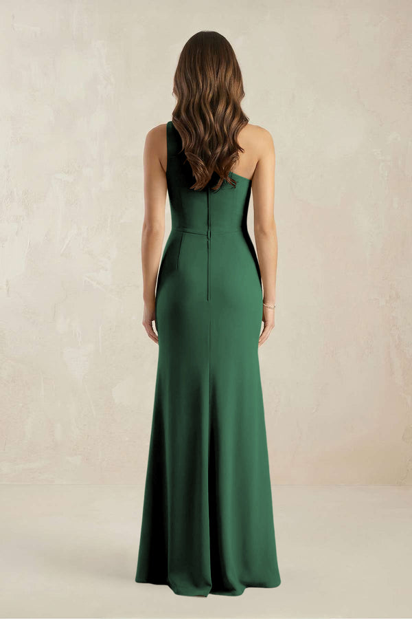 One-Shoulder Sheath Chiffon Ruched Bridesmaid Dress in Dark Green (2) | KISSBRIDAL