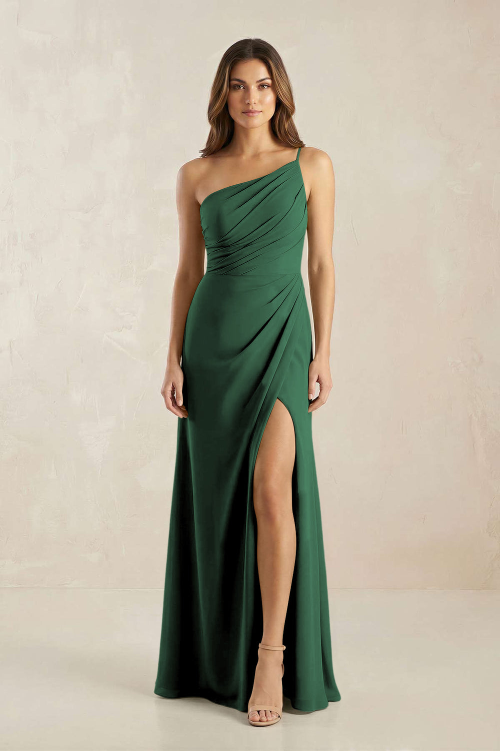 One-Shoulder Sheath Chiffon Ruched Bridesmaid Dress in Dark Green