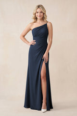 One - Shoulder Sheath Chiffon Ruched Bridesmaid Dress in Dark Navy - KISS BRIDAL Bridesmaid Dresses