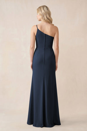 One - Shoulder Sheath Chiffon Ruched Bridesmaid Dress in Dark Navy - SHE IS ME Bridesmaid Dresses