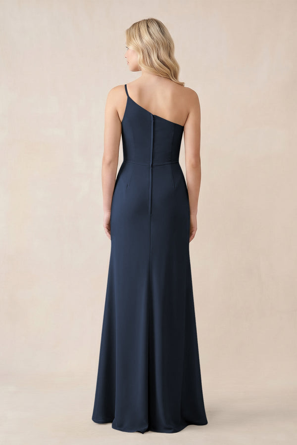 One - Shoulder Sheath Chiffon Ruched Bridesmaid Dress in Dark Navy - SHE IS ME Bridesmaid Dresses