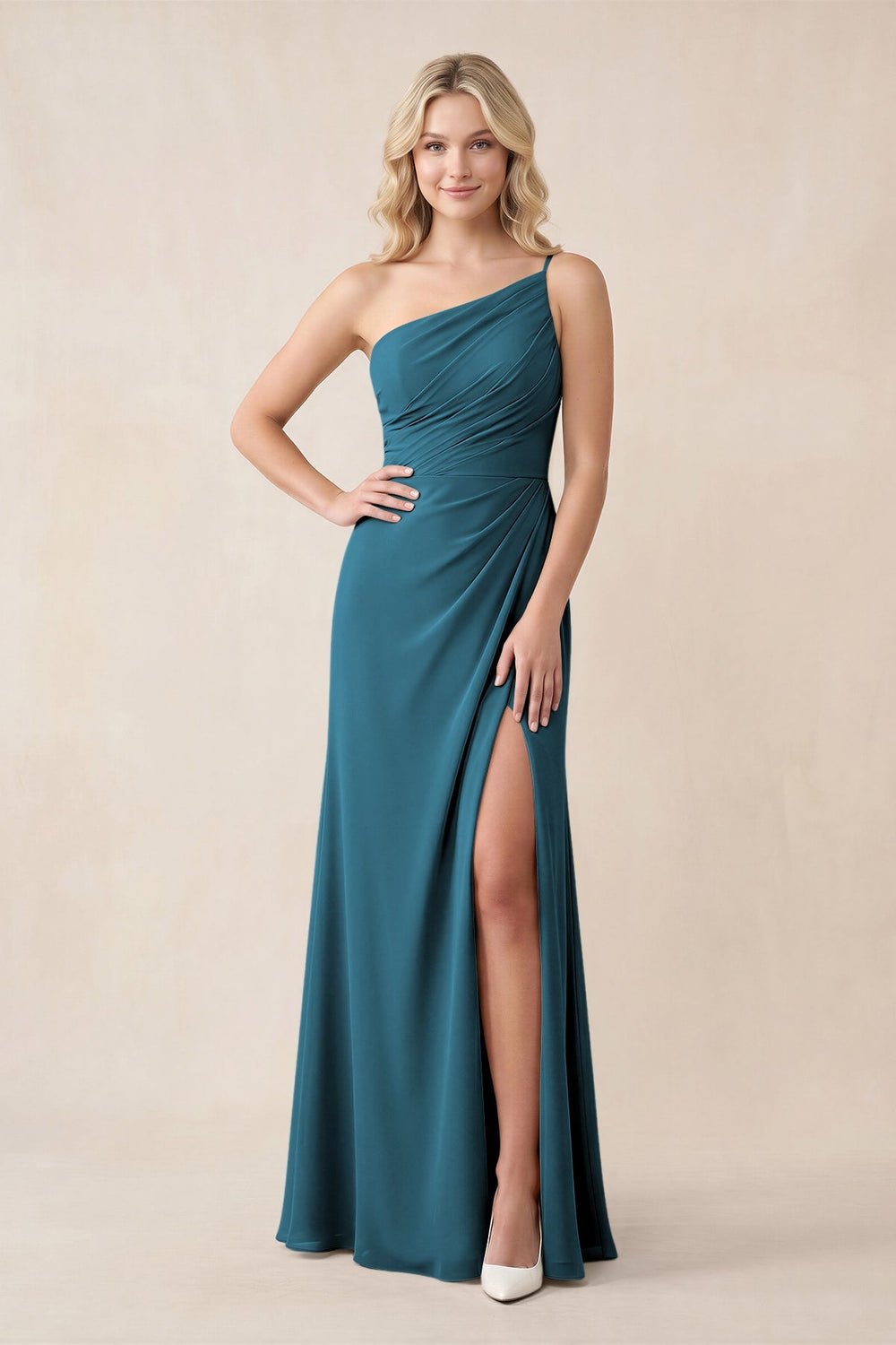 One - Shoulder Sheath Chiffon Ruched Bridesmaid Dress in Dark Teal - KISS BRIDAL Bridesmaid Dresses