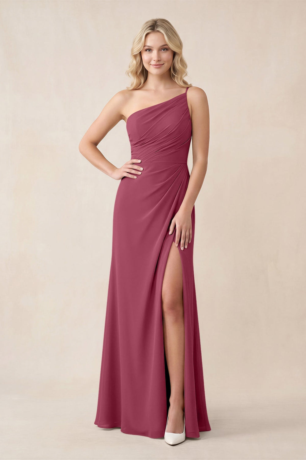 One - Shoulder Sheath Chiffon Ruched Bridesmaid Dress in Desert Rose - KISS BRIDAL Bridesmaid Dresses