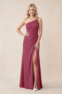 One - Shoulder Sheath Chiffon Ruched Bridesmaid Dress in Desert Rose - SHE IS ME Bridesmaid Dresses