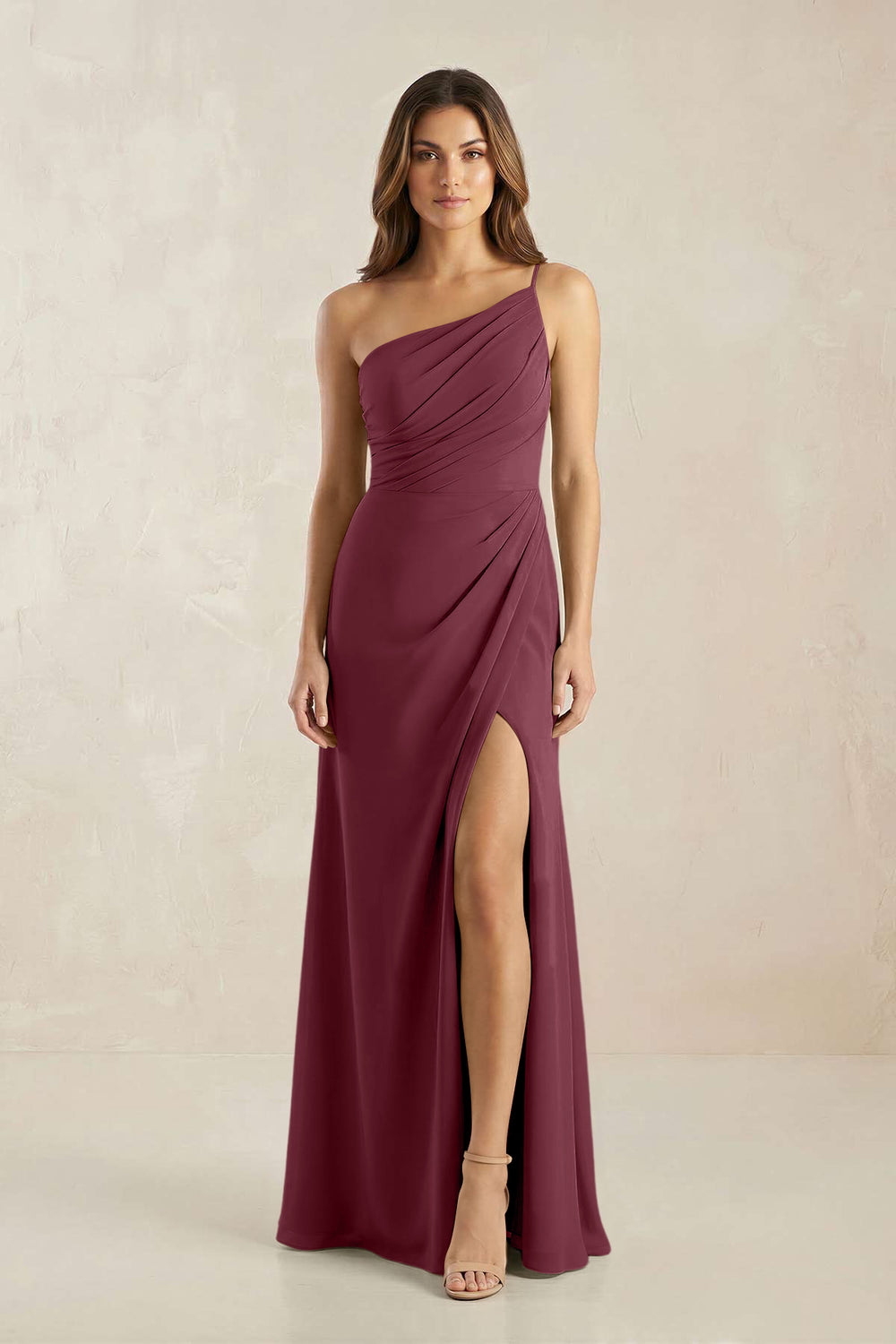 One-Shoulder Sheath Chiffon Ruched Bridesmaid Dress in Desert Rose
