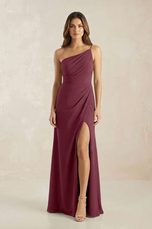 One-Shoulder Sheath Chiffon Ruched Bridesmaid Dress in Desert Rose | KISSBRIDAL