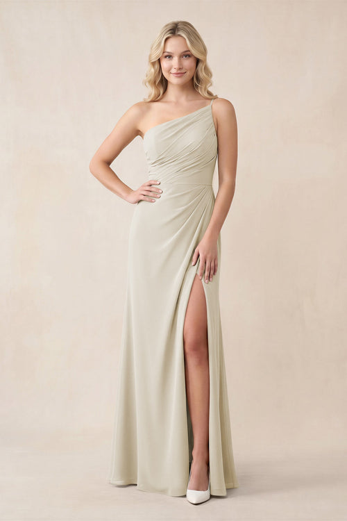 One - Shoulder Sheath Chiffon Ruched Bridesmaid Dress in Dove Gray - SHE IS ME Bridesmaid Dresses