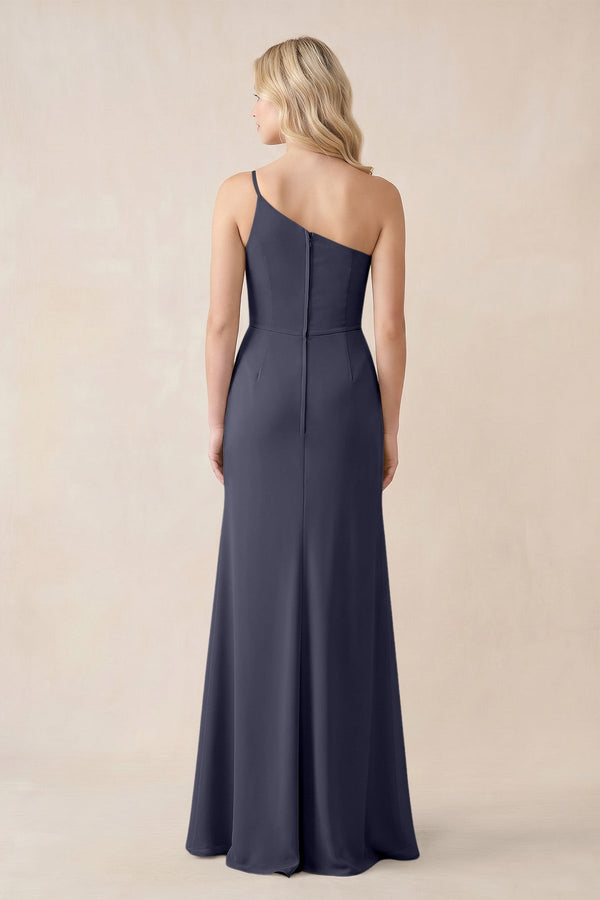 One - Shoulder Sheath Chiffon Ruched Bridesmaid Dress in Dusk Blue - SHE IS ME Bridesmaid Dresses