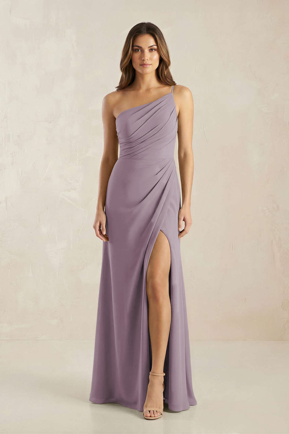 One-Shoulder Sheath Chiffon Ruched Bridesmaid Dress in Dusk