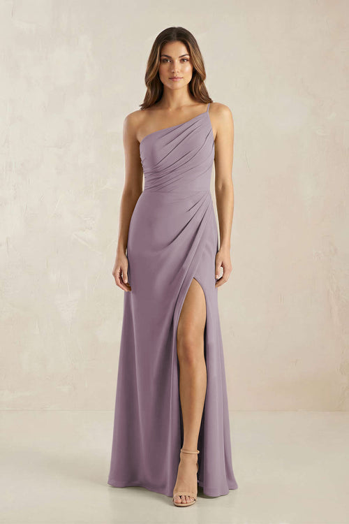 One-Shoulder Sheath Chiffon Ruched Bridesmaid Dress in Dusk | KISSBRIDAL