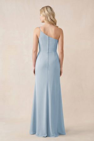 One - Shoulder Sheath Chiffon Ruched Bridesmaid Dress in Dusty Blue - SHE IS ME Bridesmaid Dresses
