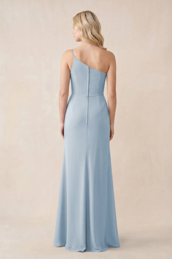 One - Shoulder Sheath Chiffon Ruched Bridesmaid Dress in Dusty Blue - SHE IS ME Bridesmaid Dresses