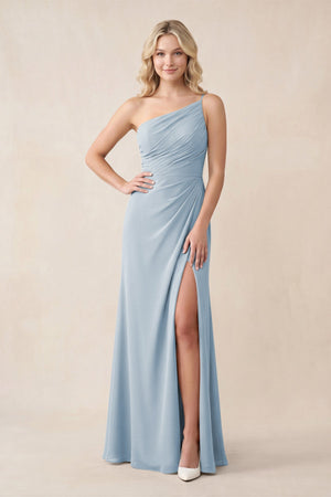 One - Shoulder Sheath Chiffon Ruched Bridesmaid Dress in Dusty Blue - SHE IS ME Bridesmaid Dresses