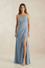 One-Shoulder Sheath Chiffon Ruched Bridesmaid Dress in Dusty Blue | KISSBRIDAL