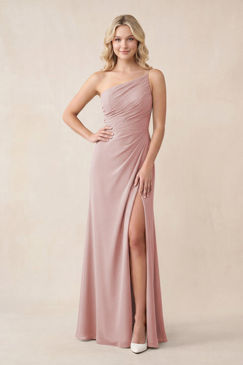 One - Shoulder Sheath Chiffon Ruched Bridesmaid Dress in Dusty Rose - SHE IS ME Bridesmaid Dresses