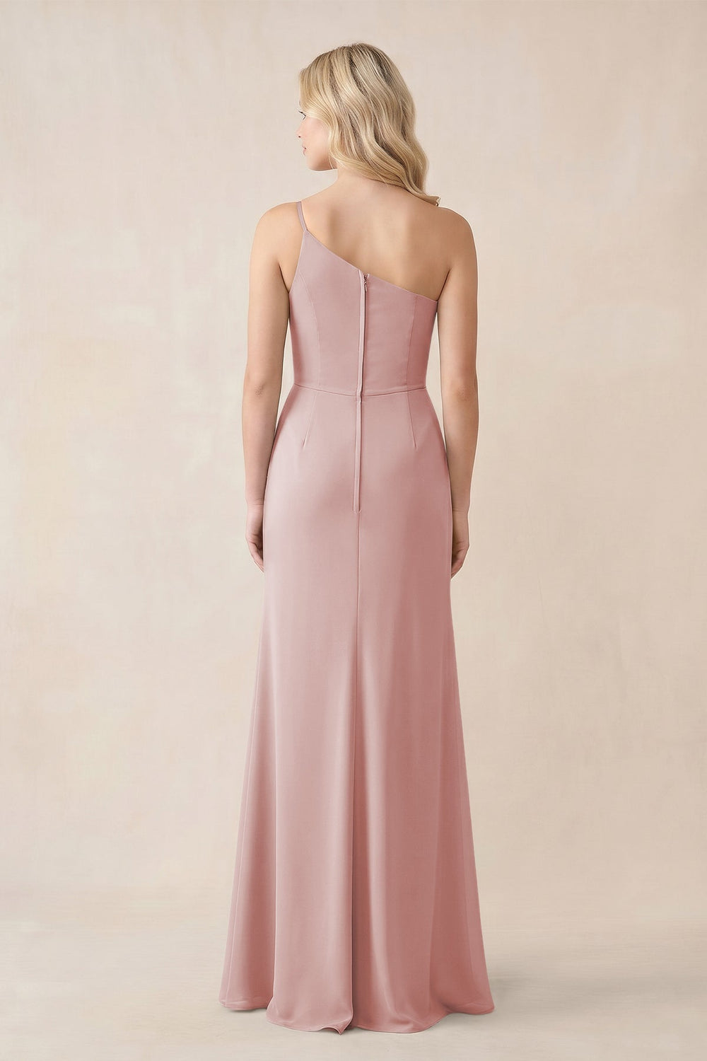 One - Shoulder Sheath Chiffon Ruched Bridesmaid Dress in Dusty Rose - KISS BRIDAL Bridesmaid Dresses