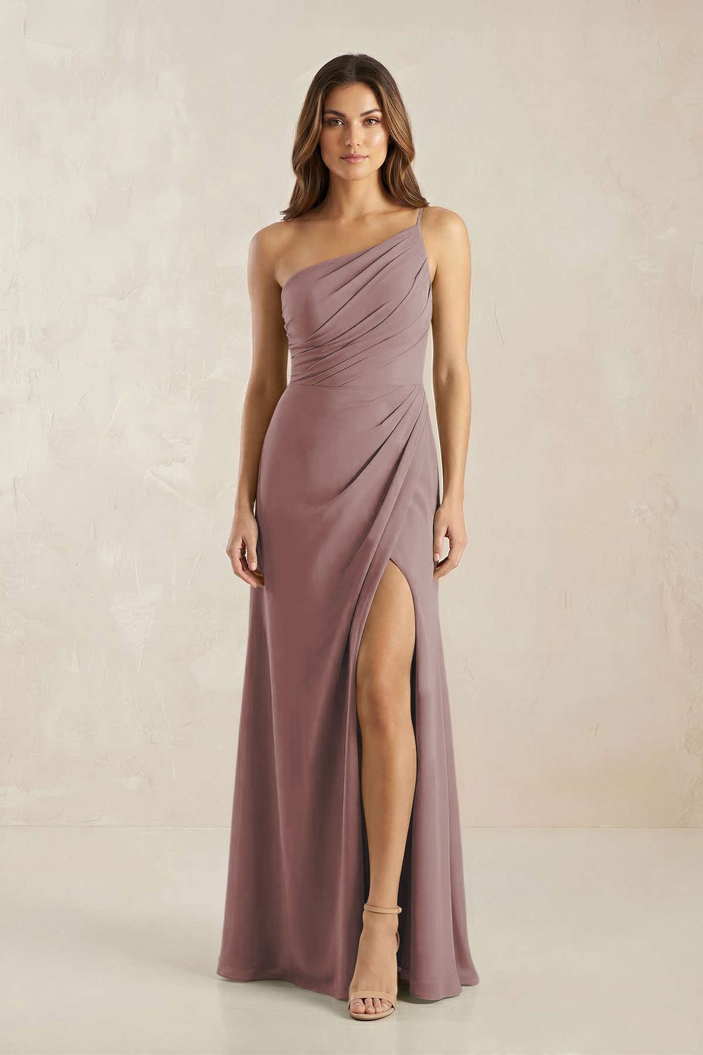 One-Shoulder Sheath Chiffon Ruched Bridesmaid Dress in Dusty Rose