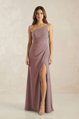 One-Shoulder Sheath Chiffon Ruched Bridesmaid Dress in Dusty Rose | KISSBRIDAL