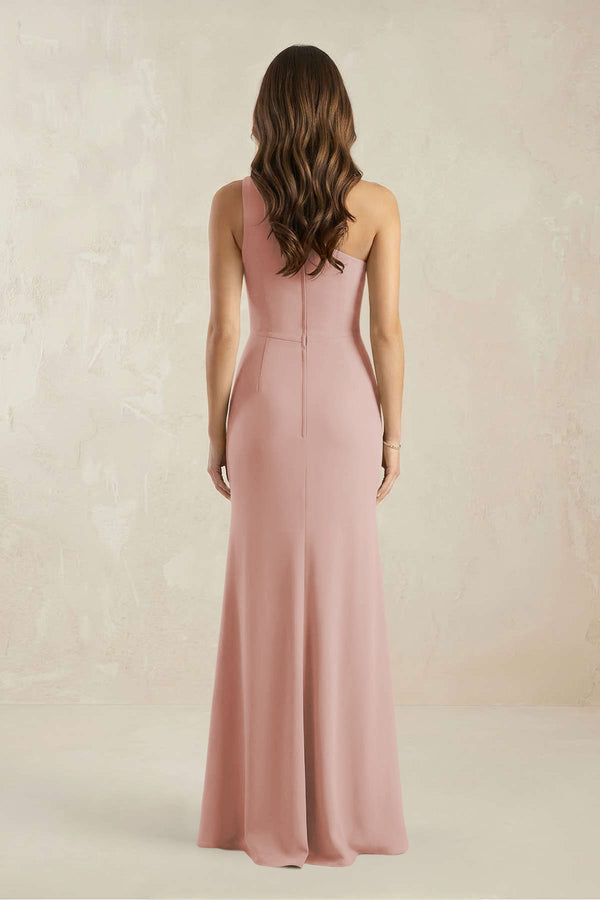 One-Shoulder Sheath Chiffon Ruched Bridesmaid Dress in English Rose (2) | KISSBRIDAL
