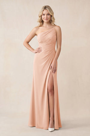 One - Shoulder Sheath Chiffon Ruched Bridesmaid Dress in English Rose - SHE IS ME Bridesmaid Dresses