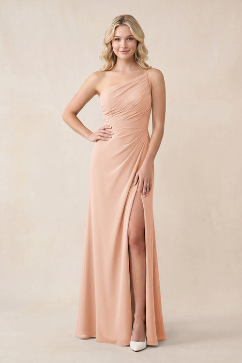 One - Shoulder Sheath Chiffon Ruched Bridesmaid Dress in English Rose - SHE IS ME Bridesmaid Dresses