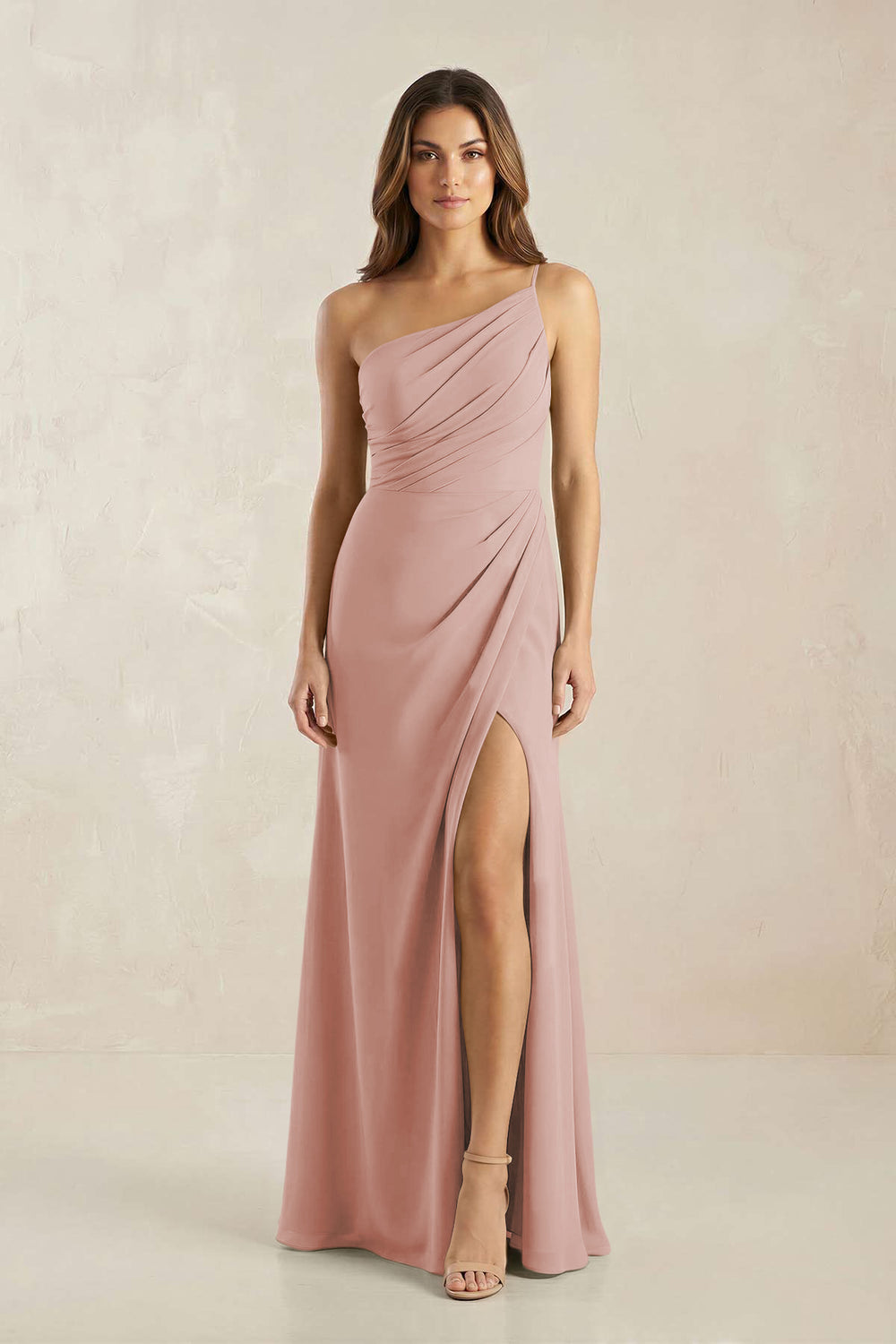 One-Shoulder Sheath Chiffon Ruched Bridesmaid Dress in English Rose