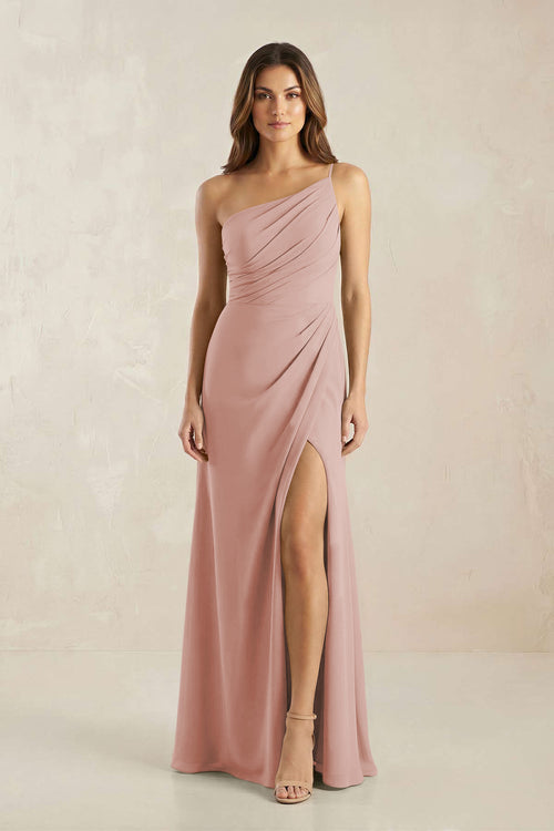 One-Shoulder Sheath Chiffon Ruched Bridesmaid Dress in English Rose | KISSBRIDAL