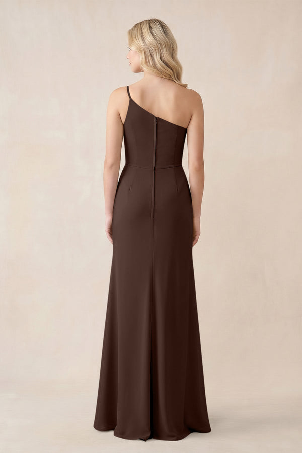 One - Shoulder Sheath Chiffon Ruched Bridesmaid Dress in Espresso - SHE IS ME Bridesmaid Dresses