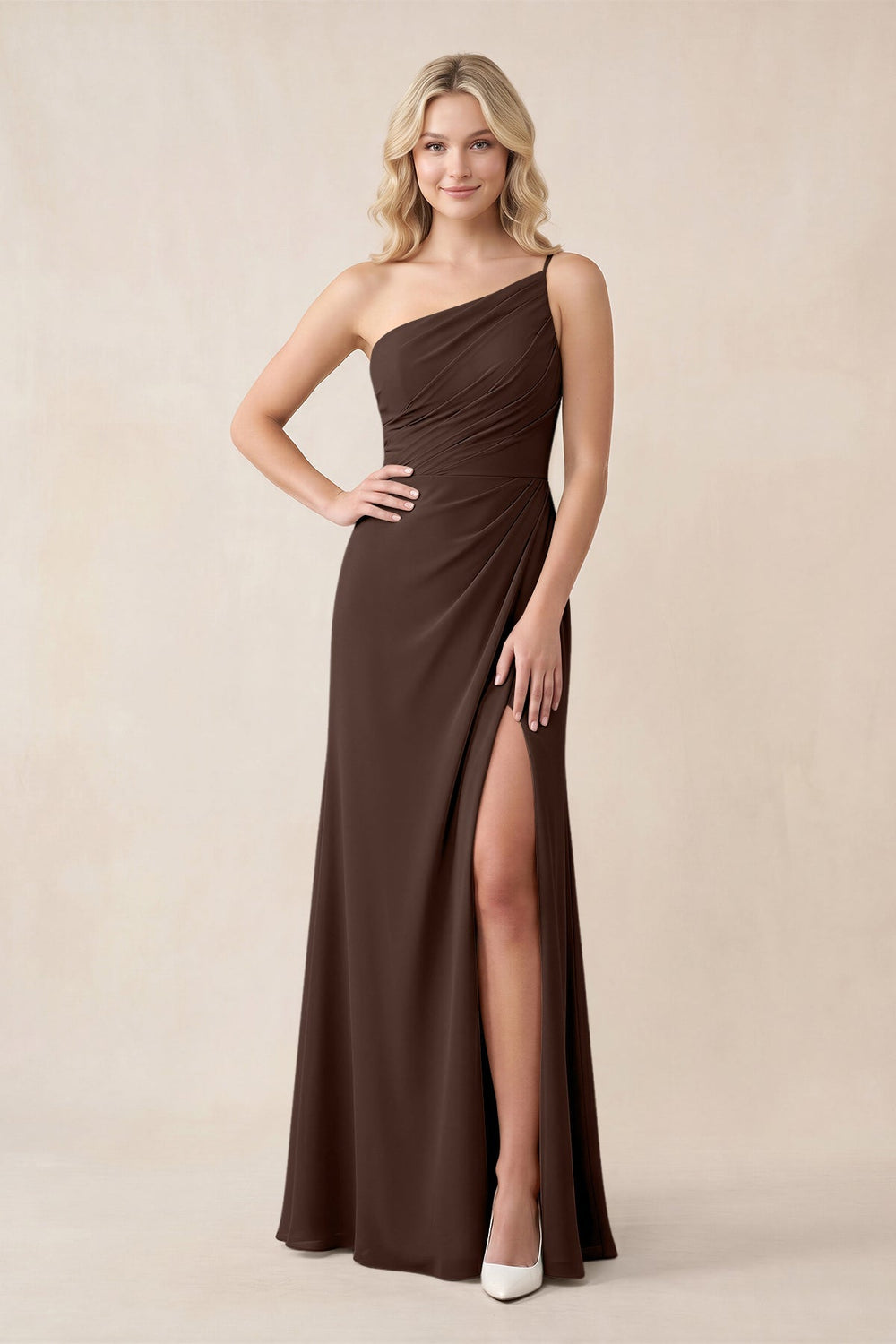 One - Shoulder Sheath Chiffon Ruched Bridesmaid Dress in Espresso - KISS BRIDAL Bridesmaid Dresses