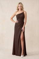 One - Shoulder Sheath Chiffon Ruched Bridesmaid Dress in Espresso - SHE IS ME Bridesmaid Dresses