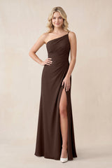 One - Shoulder Sheath Chiffon Ruched Bridesmaid Dress in Espresso - KISS BRIDAL Bridesmaid Dresses