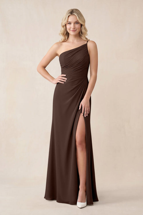 One - Shoulder Sheath Chiffon Ruched Bridesmaid Dress in Espresso - SHE IS ME Bridesmaid Dresses