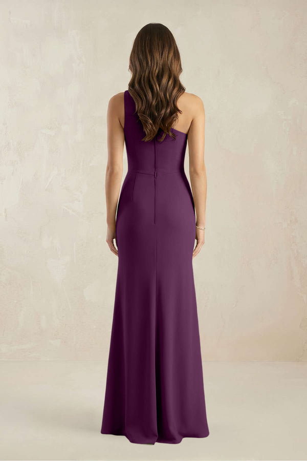 One-Shoulder Sheath Chiffon Ruched Bridesmaid Dress in Fig (2) | KISSBRIDAL