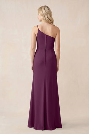 One - Shoulder Sheath Chiffon Ruched Bridesmaid Dress in Fig - SHE IS ME Bridesmaid Dresses