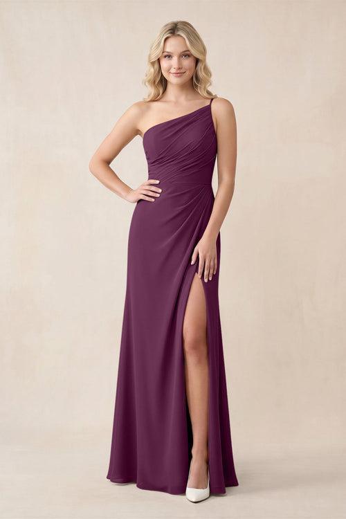 One - Shoulder Sheath Chiffon Ruched Bridesmaid Dress in Fig - SHE IS ME Bridesmaid Dresses