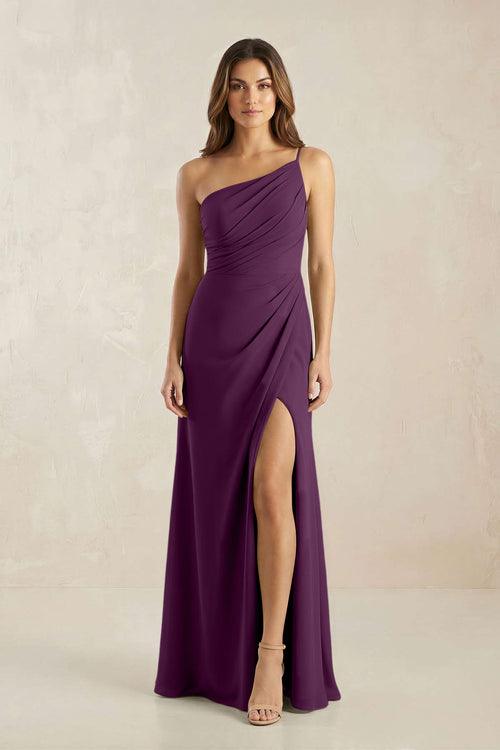 One-Shoulder Sheath Chiffon Ruched Bridesmaid Dress in Fig | KISSBRIDAL