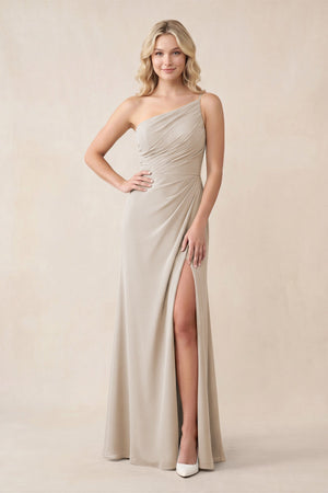 One - Shoulder Sheath Chiffon Ruched Bridesmaid Dress in Frost - SHE IS ME Bridesmaid Dresses