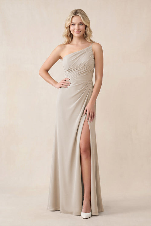 One - Shoulder Sheath Chiffon Ruched Bridesmaid Dress in Frost - SHE IS ME Bridesmaid Dresses