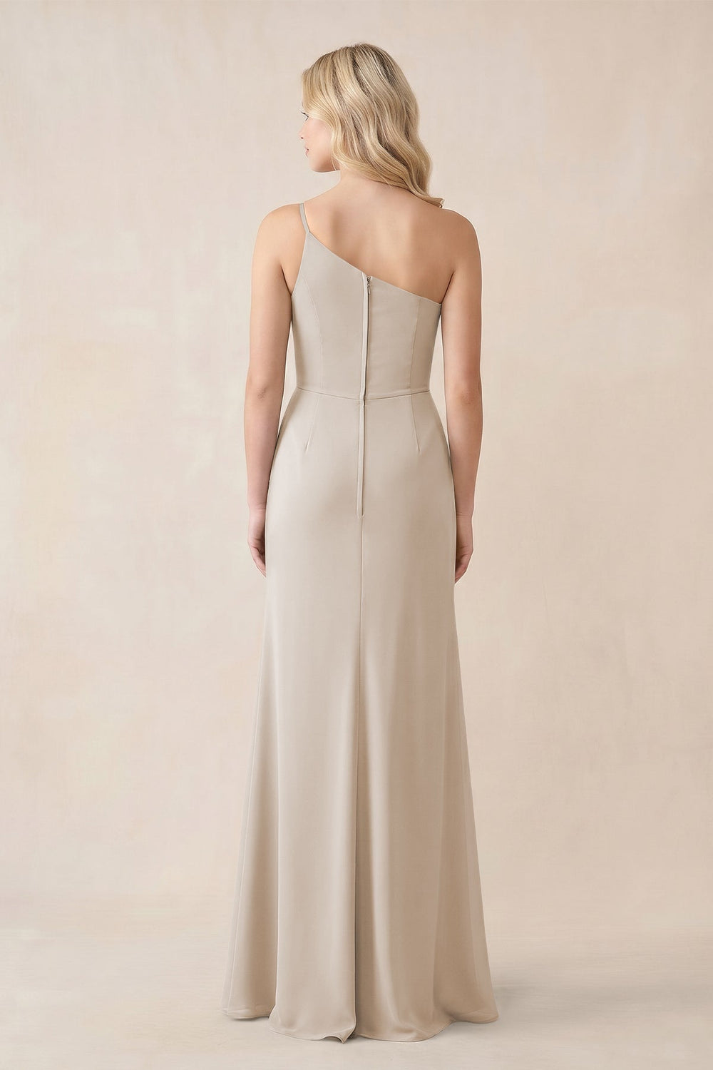 One - Shoulder Sheath Chiffon Ruched Bridesmaid Dress in Frost - KISS BRIDAL Bridesmaid Dresses