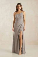 One-Shoulder Sheath Chiffon Ruched Bridesmaid Dress in Frost | KISSBRIDAL