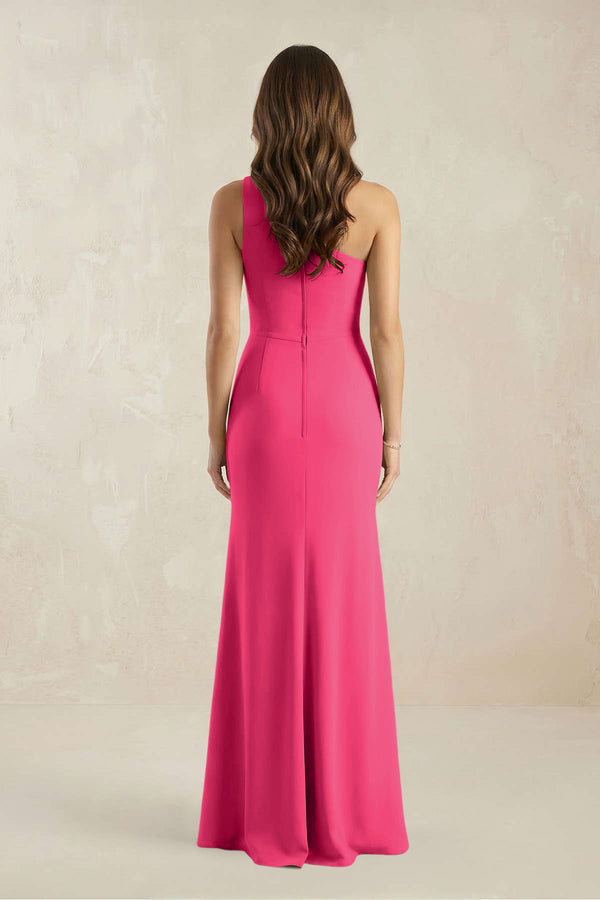 One-Shoulder Sheath Chiffon Ruched Bridesmaid Dress in Fuchsia (2) | KISSBRIDAL